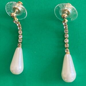 Gold Crystal Drop Earrings with White Pearl Teardrops